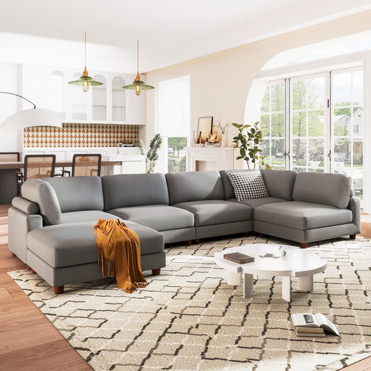 Large U-Shaped Sectional, Corduroy Couch with Ottoman, Gray