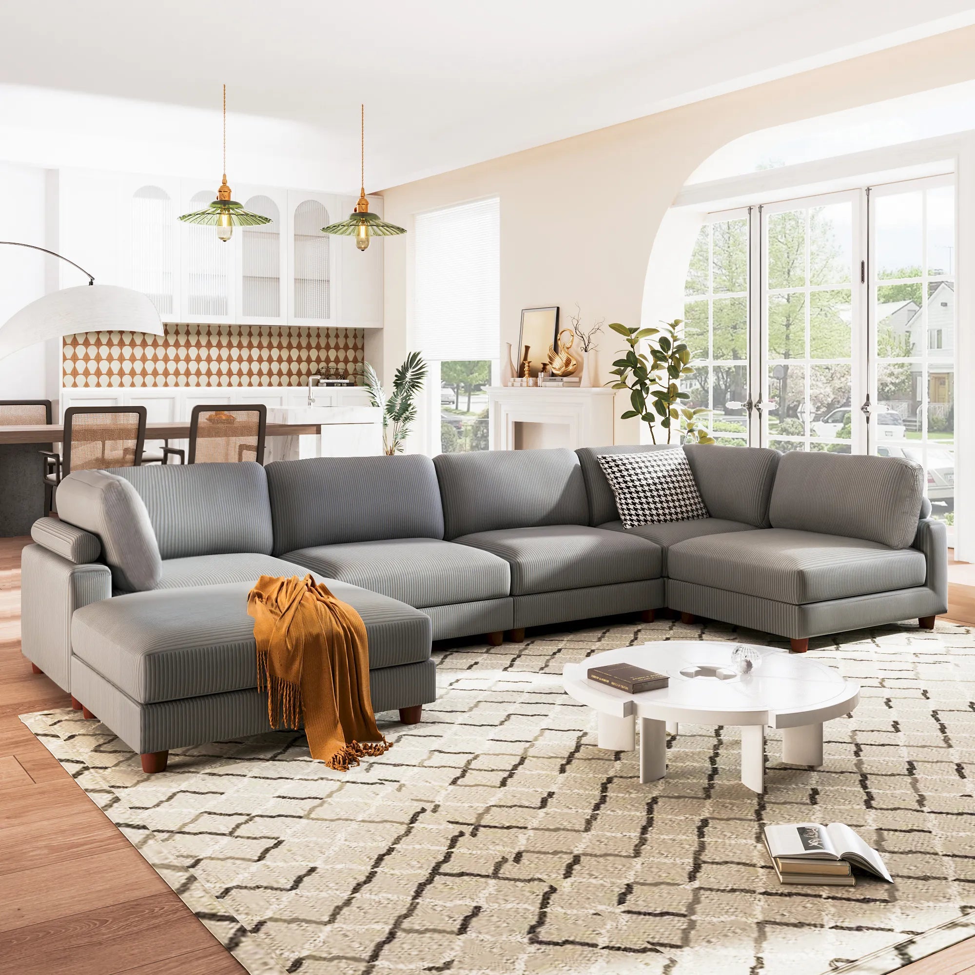 Large U-Shaped Sectional, Corduroy Couch with Ottoman, Gray