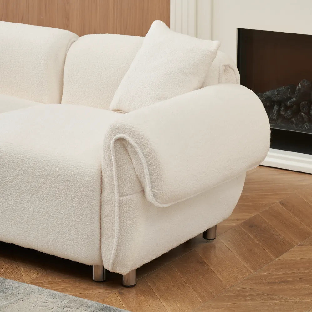 3 Seater Sofa, Plush Upholstered Teddy Velvet Couch, Beige