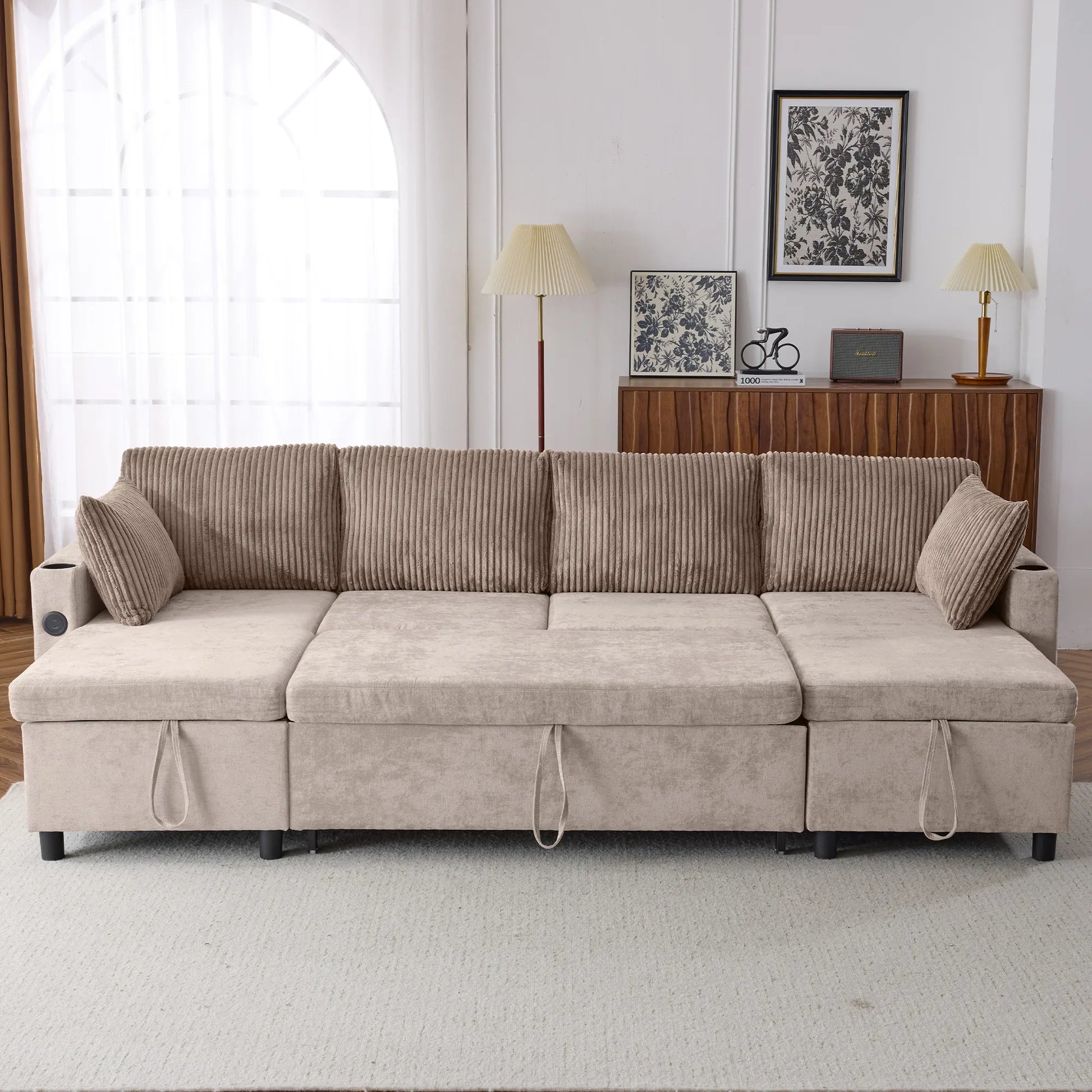 Corduroy Couch with Chaise Sleeper, Sectional Sofa Pull-Out, Brown