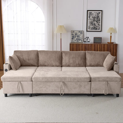 Corduroy Couch with Chaise Sleeper, Sectional Sofa Pull-Out, Brown