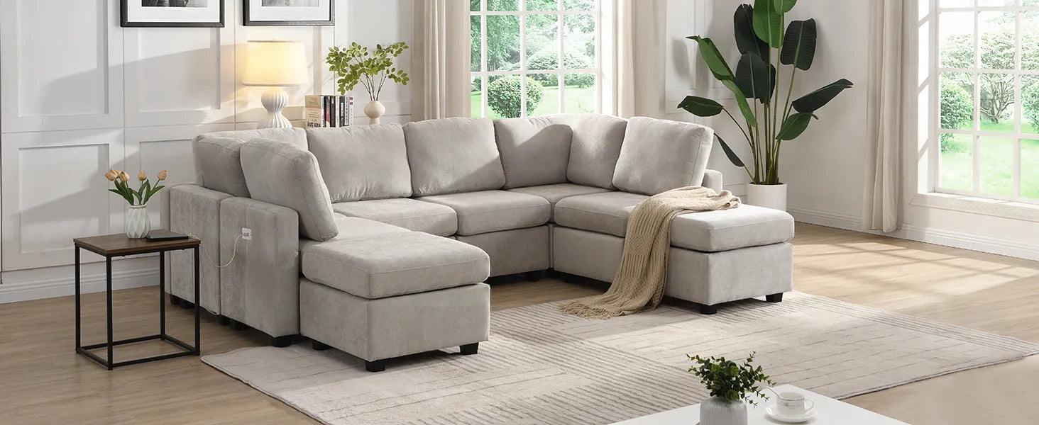 U Shaped Couch, Chenille Sectional Sofa with Ottoman, Grey