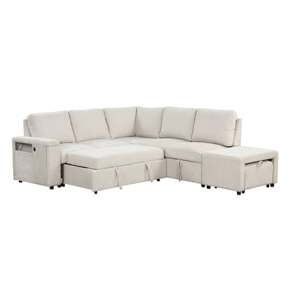 Sleeper Sectional, Sofa L Shape, Couch with Ottoman and Storage, Beige