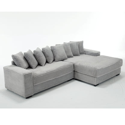 L Shaped Corduroy Couch, Plush Chaise Lounge Sofa, Gray