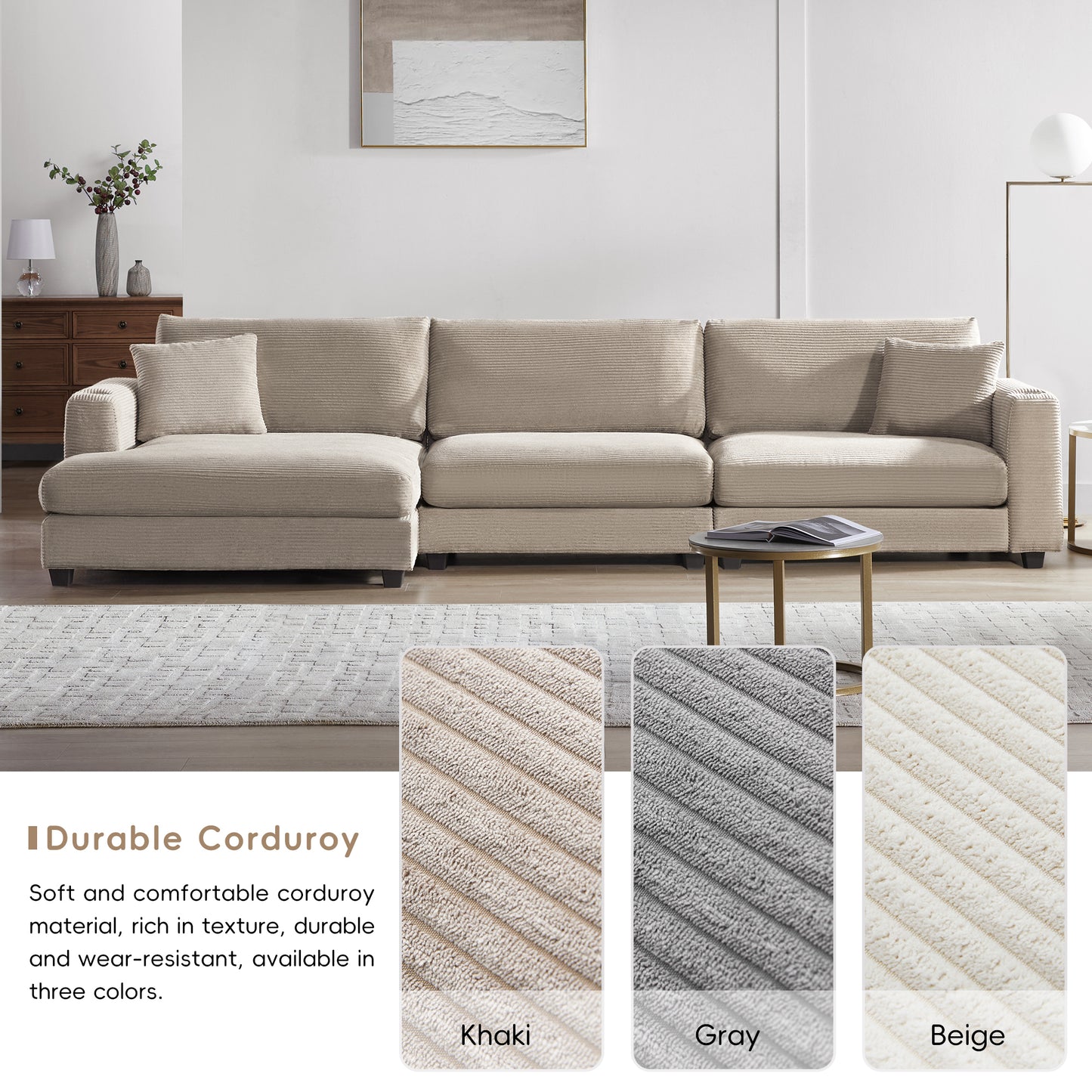 Deep Seat Corduroy Sofa, Large Sectional Couch with Chaise, Khaki