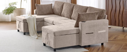 Corduroy Couch with Chaise Sleeper, Sectional Sofa Pull-Out, Brown