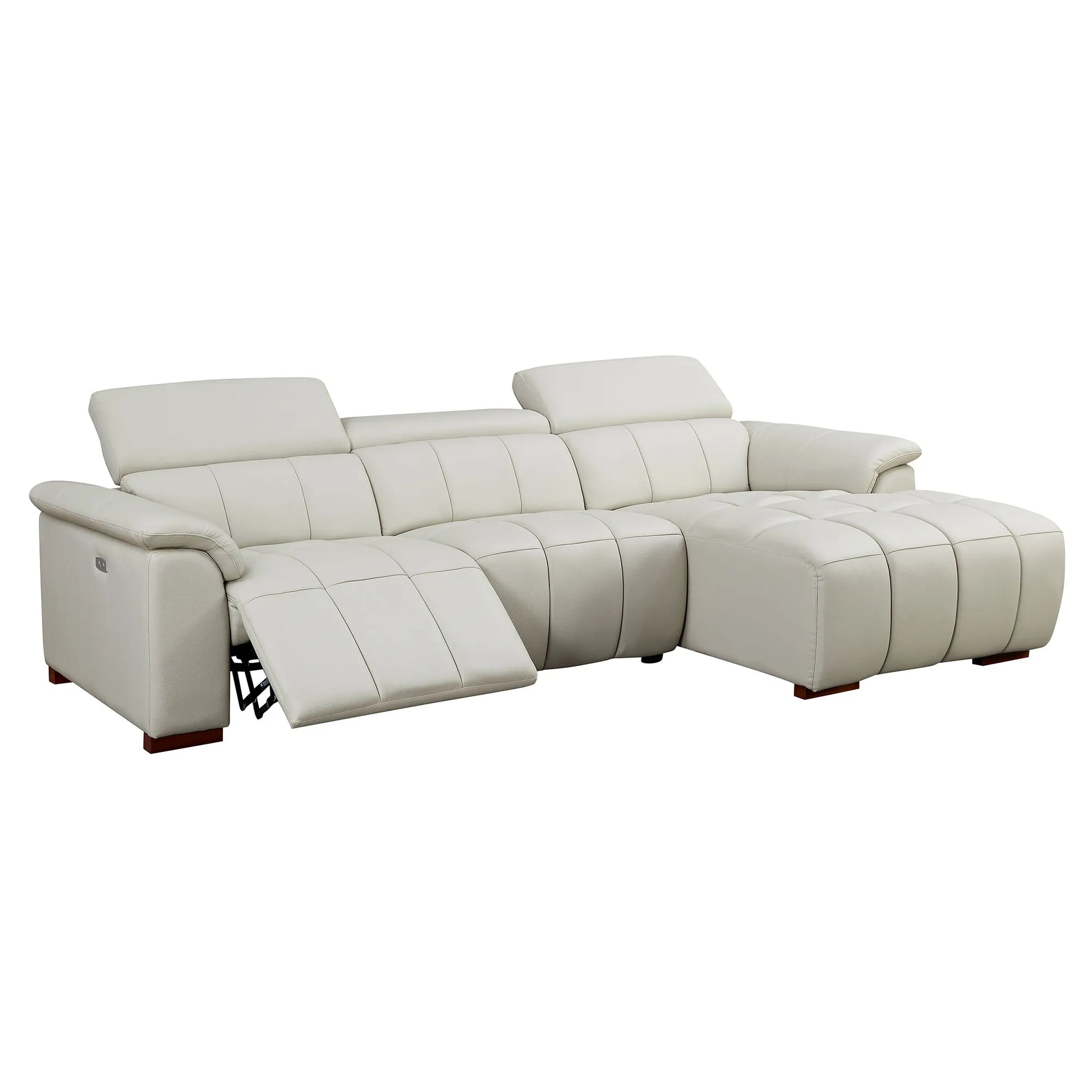 Genuine Leather Recliner Sofa, Modern Couch with Chaise, USB and Adjustable Headrest, Light Grey
