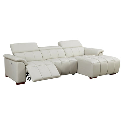 Genuine Leather Recliner Sofa, Modern Couch with Chaise, USB and Adjustable Headrest, Light Grey