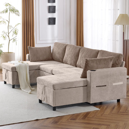 Corduroy Couch with Chaise Sleeper, Sectional Sofa Pull-Out, Brown