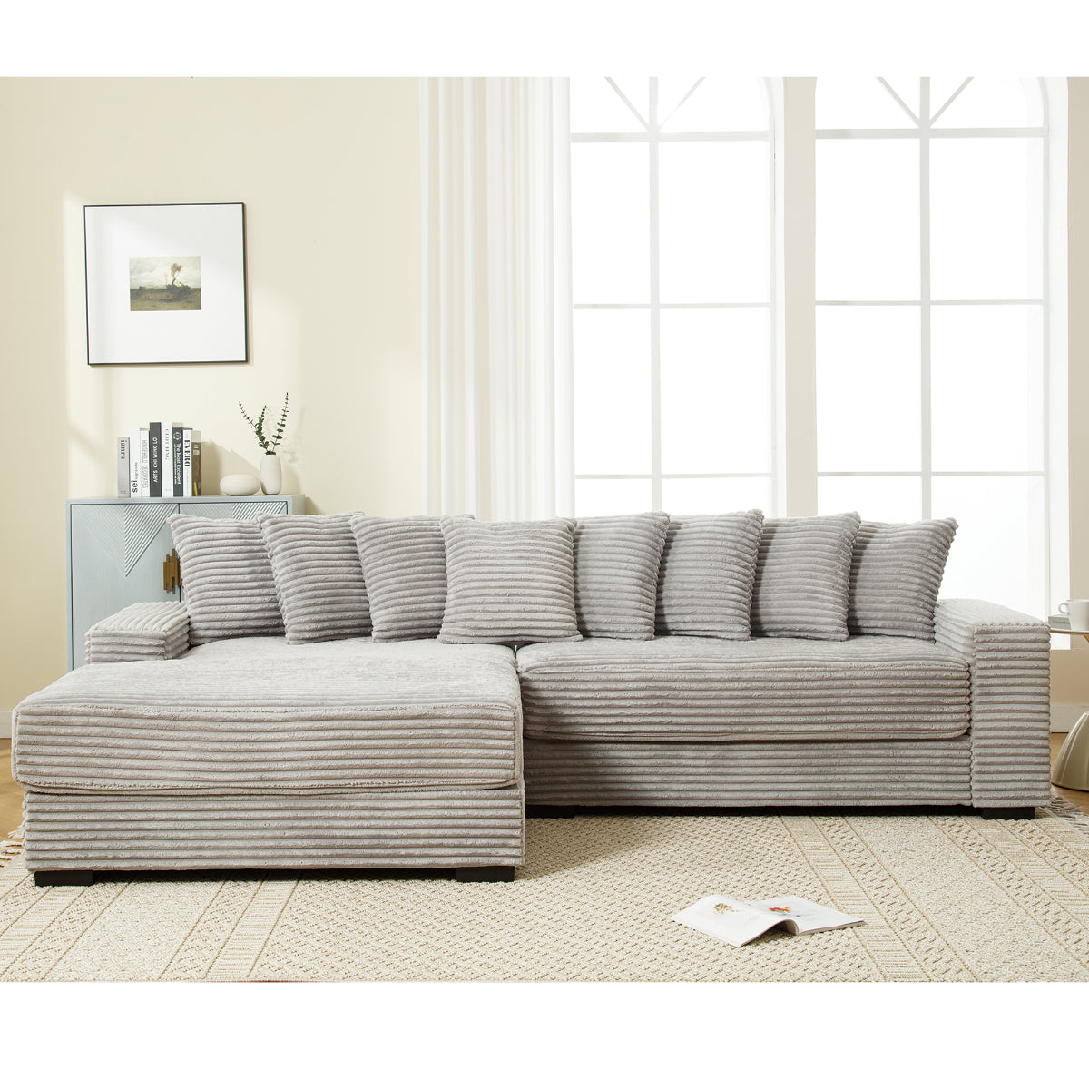 L Shaped Corduroy Couch, Plush Chaise Lounge Sofa, Gray