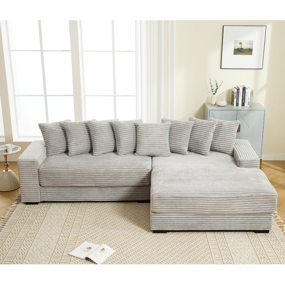 L Shaped Corduroy Couch, Plush Chaise Lounge Sofa, Gray
