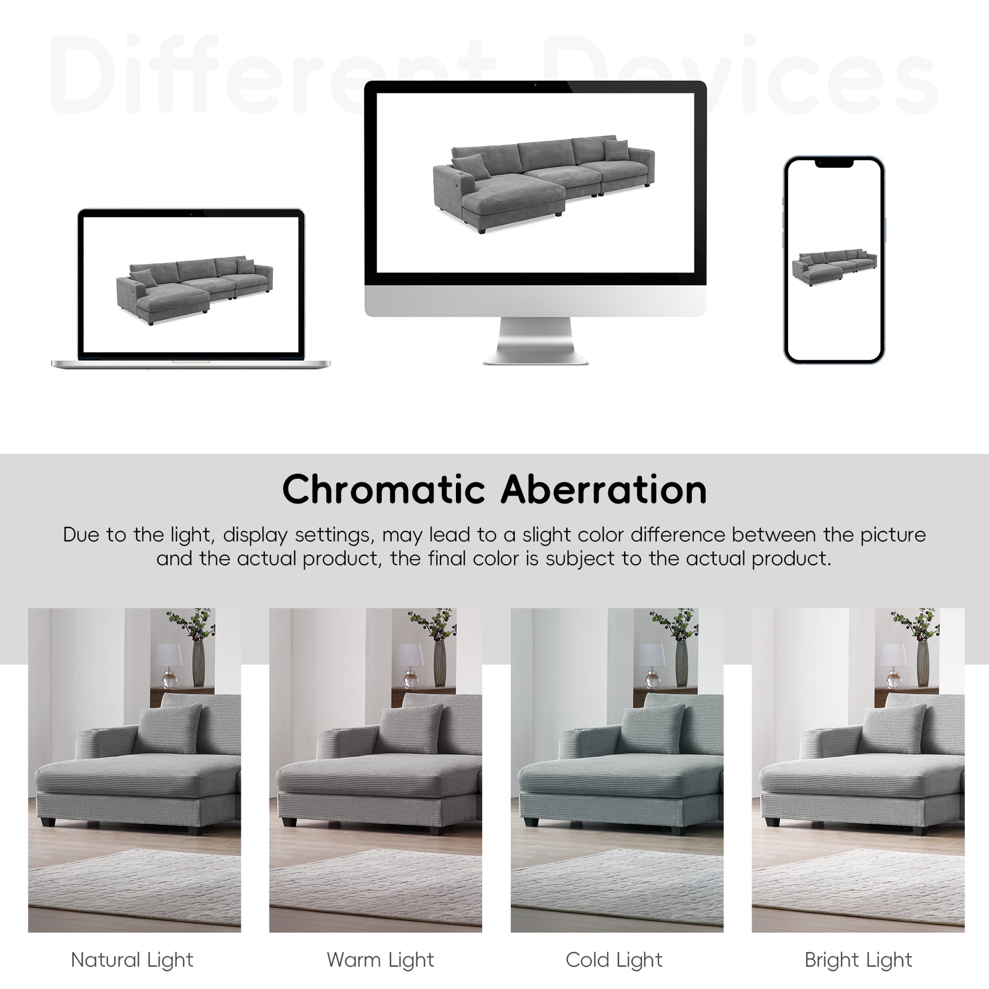 Deep Seat Corduroy Sofa, Large Sectional Couch with Chaise, Gray