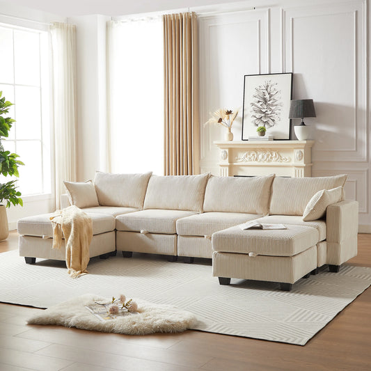 Modular Corduroy Couch, U Shaped Sectional 6 Seat Sofa with Ottoman, Gray