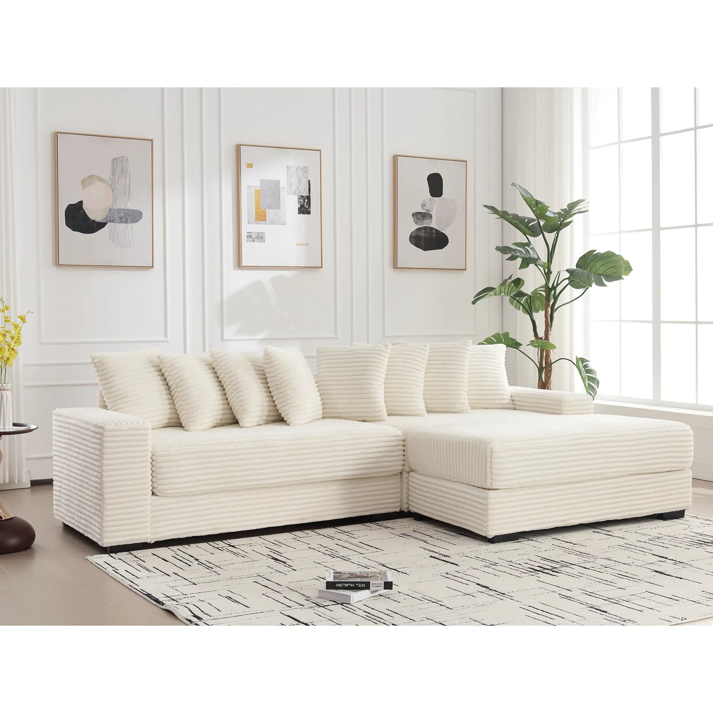 L Shaped Corduroy Couch, Plush Chaise Lounge Sofa, Beige