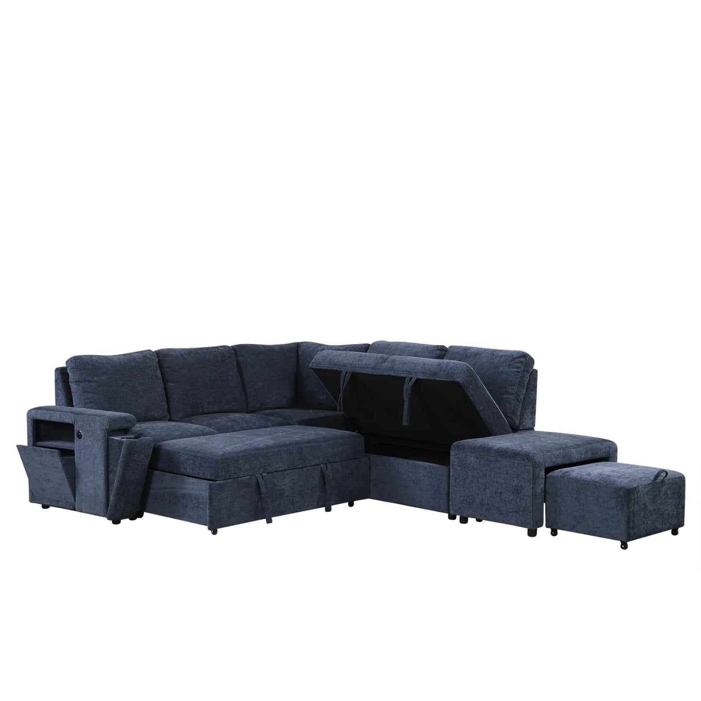 Sleeper Sectional, Sofa L Shape, Couch with Ottoman and Storage, Blue