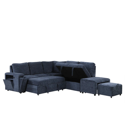 Sleeper Sectional, Sofa L Shape, Couch with Ottoman and Storage, Blue