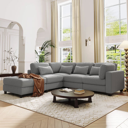 Louie Modular Sectional Sofa, Corduroy Couch with Ottoman - Grey