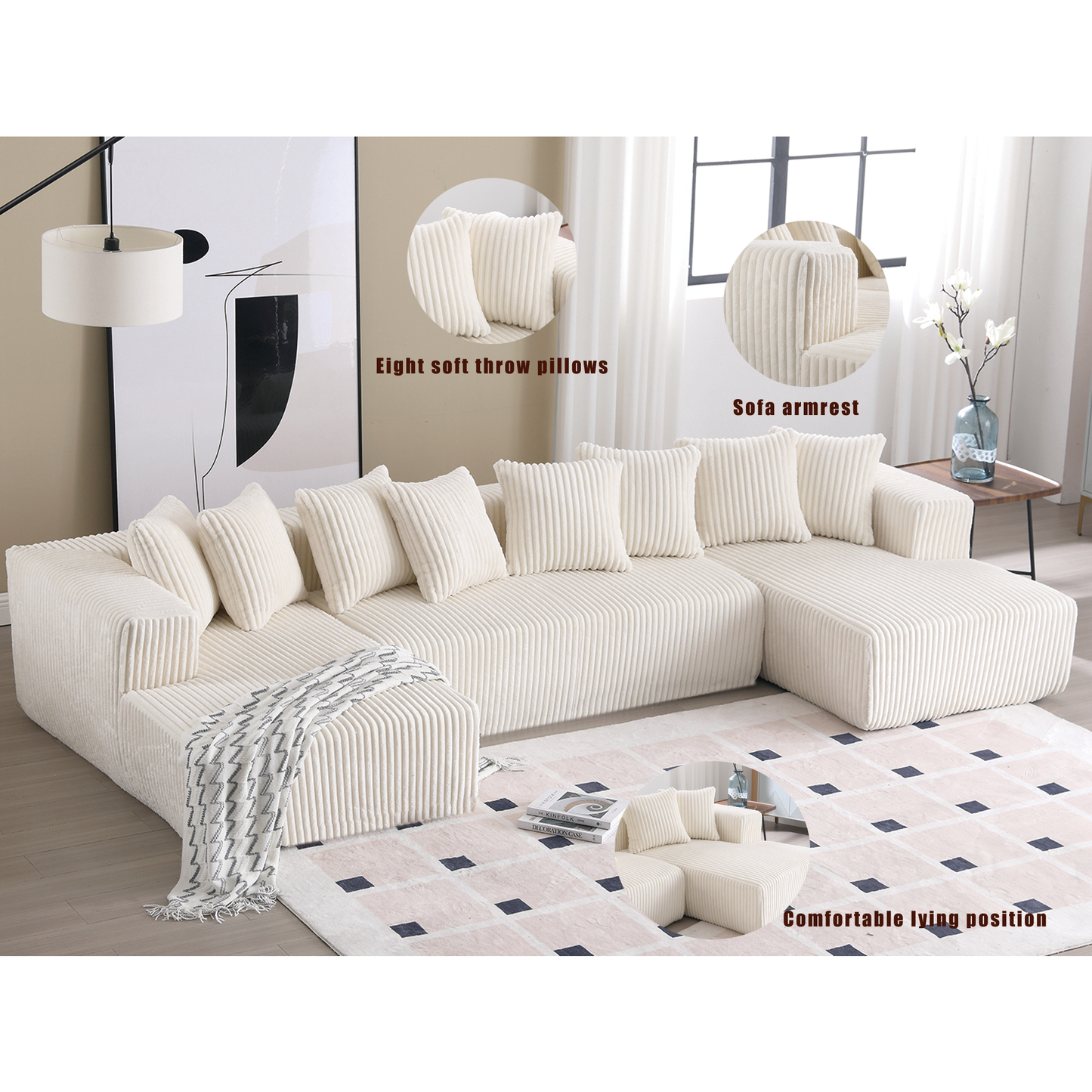 Modular U Shaped Sectional, Corduroy Couch with Double Chaise, White