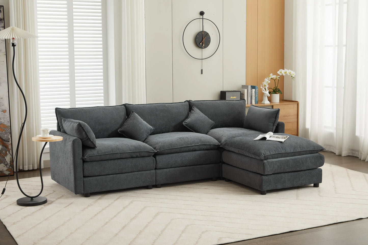 3 Seater Sofa, L Shaped Couch with Ottoman, Beige/Gray/Green