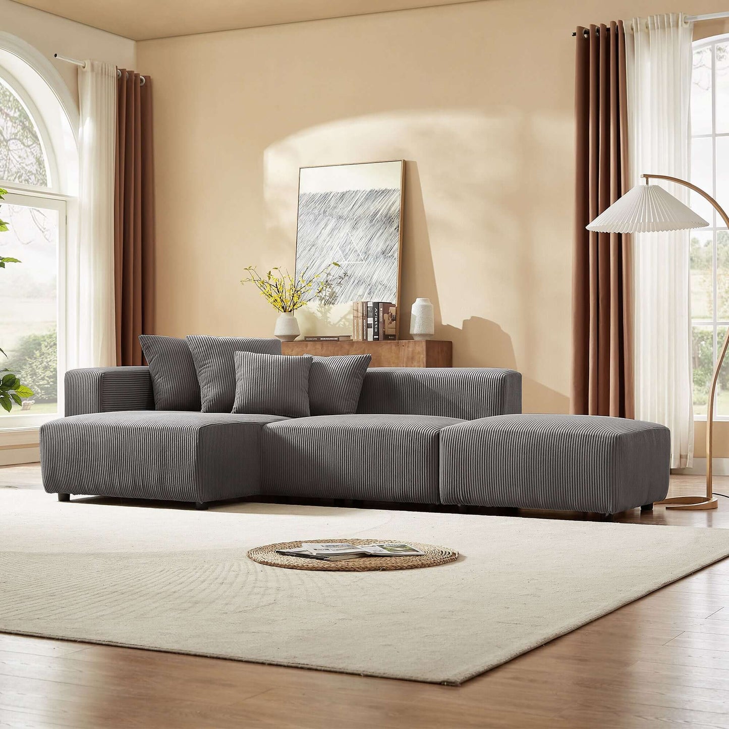 Corduroy Couch, Sofa with Chaise Lounge, 3 Piece - Gray