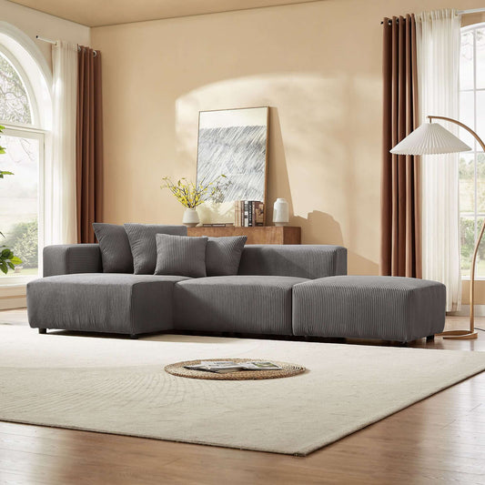 Corduroy Couch, Sofa with Chaise Lounge, 3 Piece - Gray