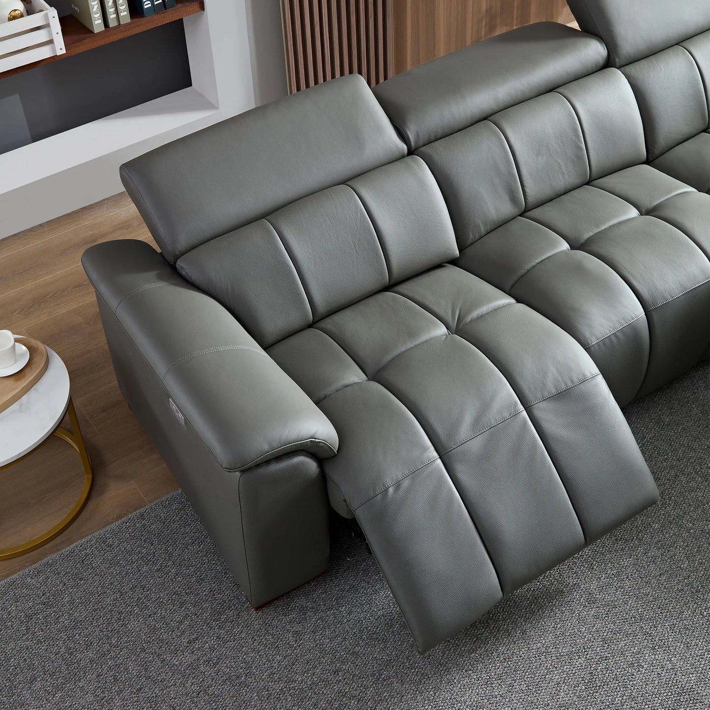 Genuine Leather Recliner Sofa, Modern Couch with Chaise, USB and Adjustable Headrest, Dark Grey