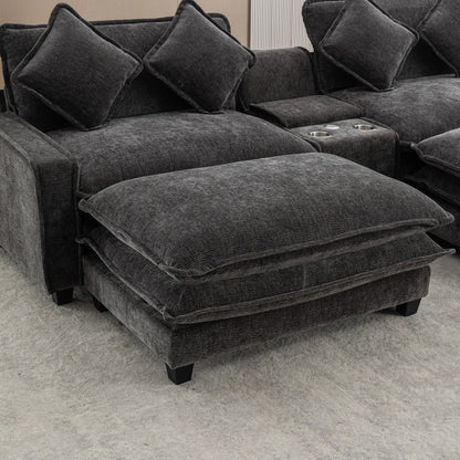 Plush Couch, Deep Seat Couch with Ottomans, Black