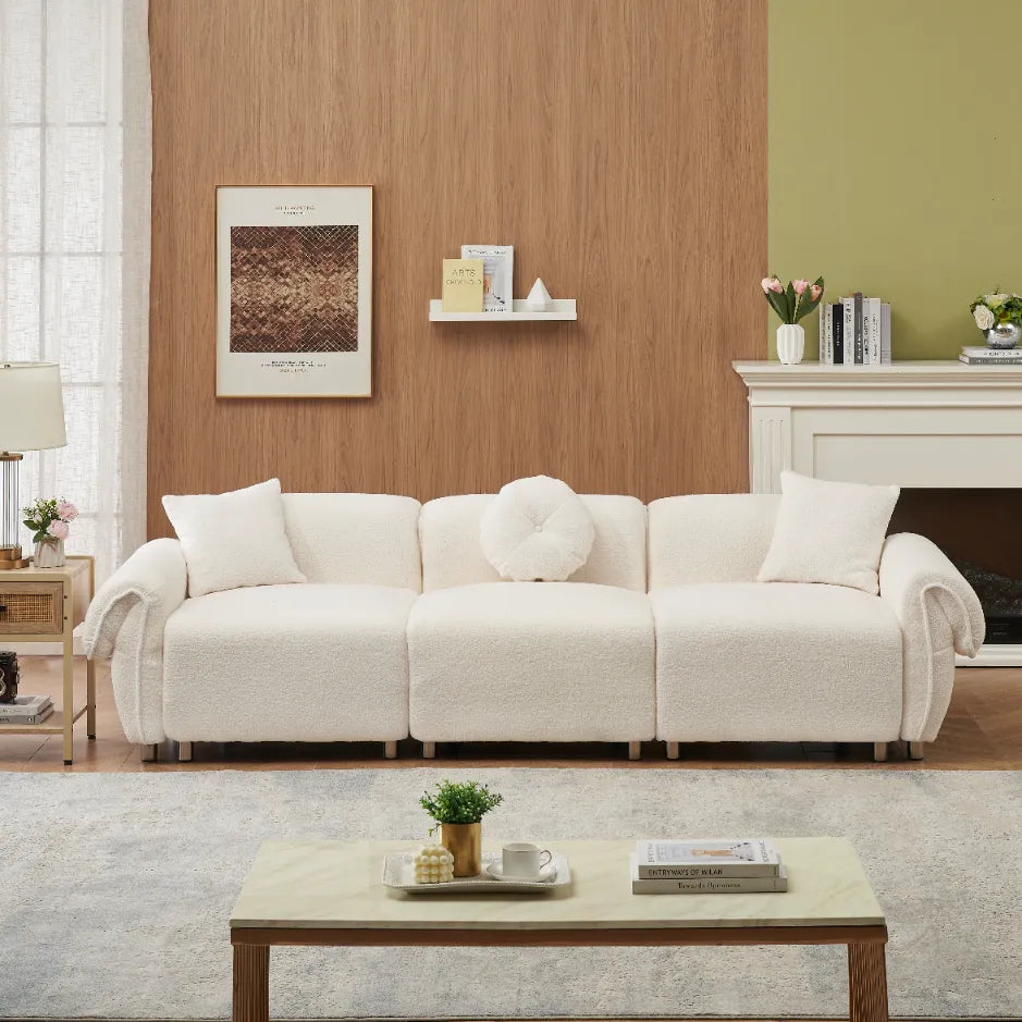 3 Seater Sofa, Plush Upholstered Teddy Velvet Couch, Beige