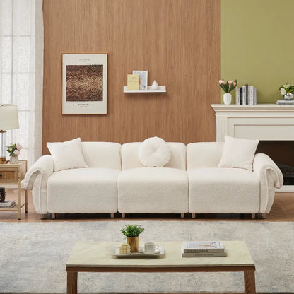 3 Seater Sofa, Plush Upholstered Teddy Velvet Couch, Beige