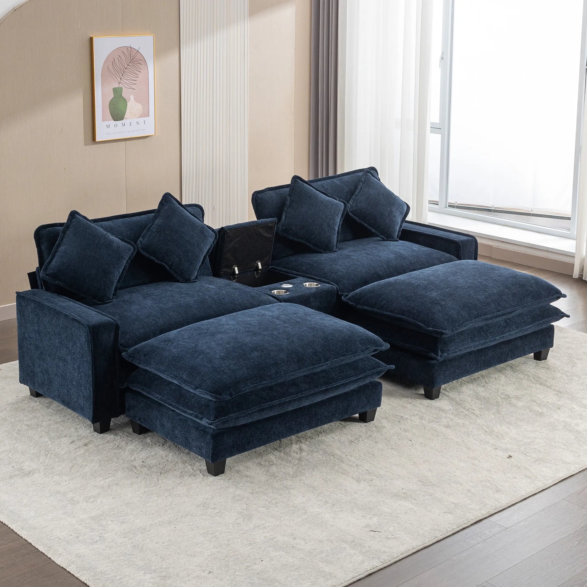 Plush Couch, Deep Seat Couch with Ottomans, Blue