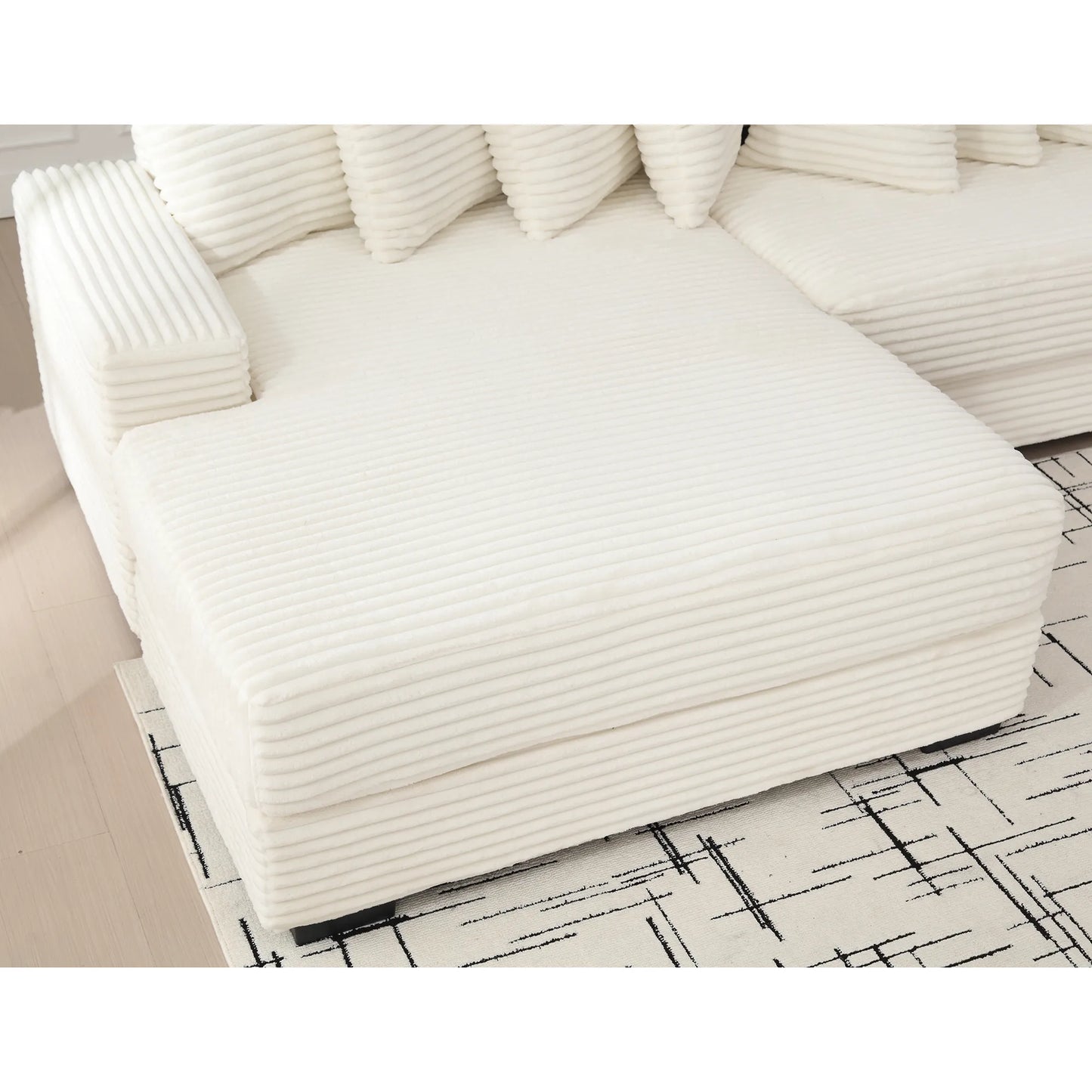 L Shaped Corduroy Couch, Plush Chaise Lounge Sofa, Beige