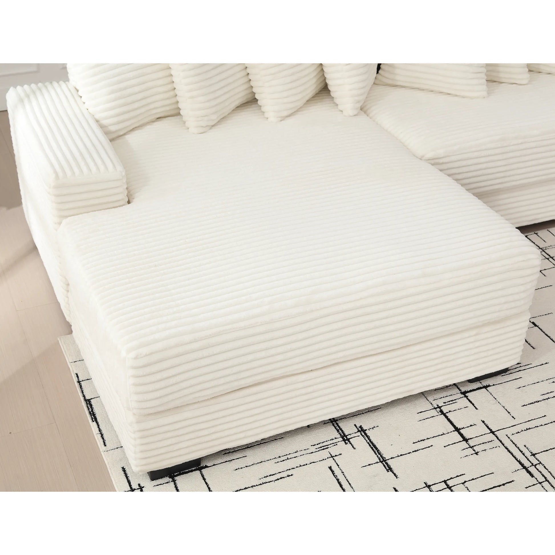 L Shaped Corduroy Couch, Plush Chaise Lounge Sofa, Beige