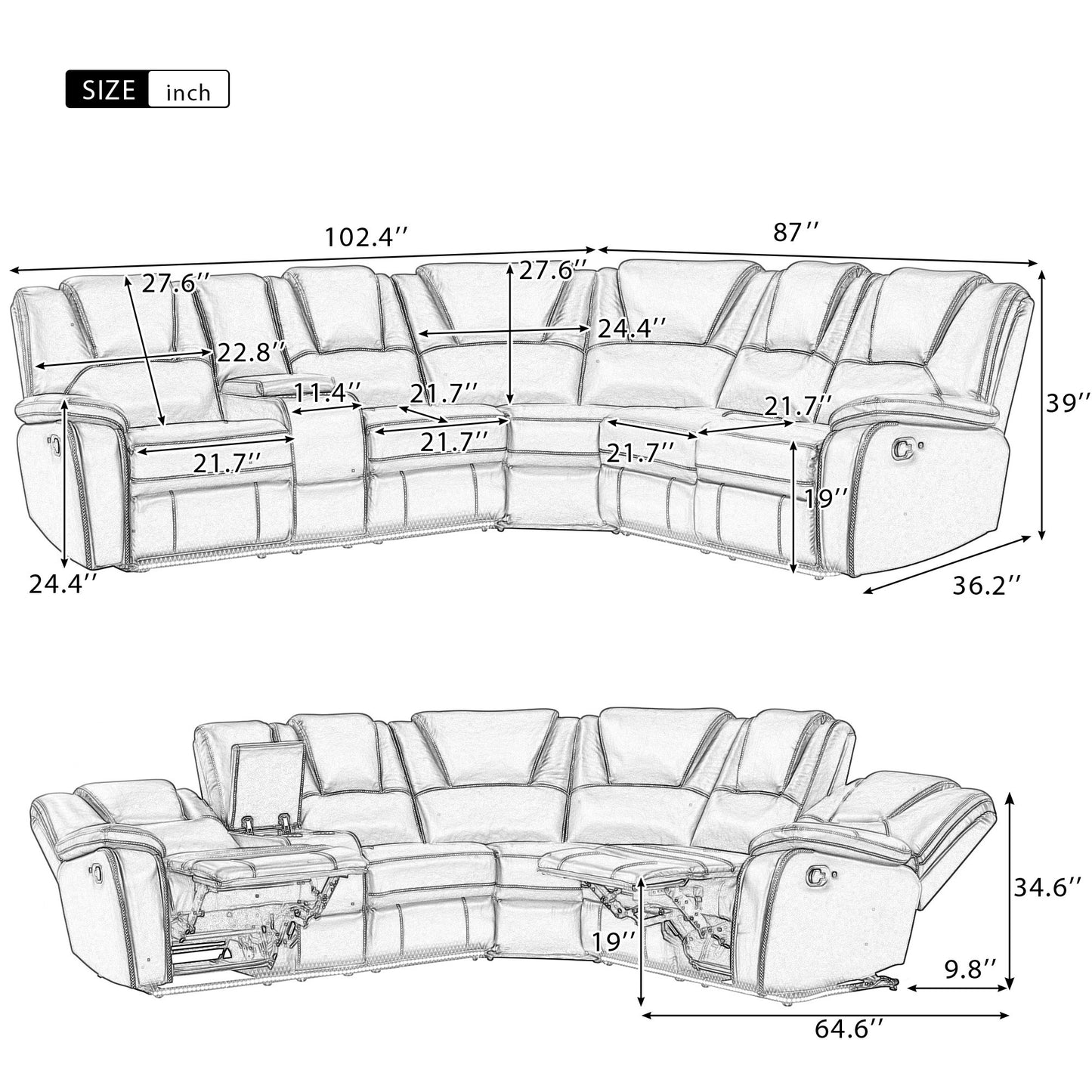 Modern Reclining Sofa, Corner Sectional Couch Recliner, Black