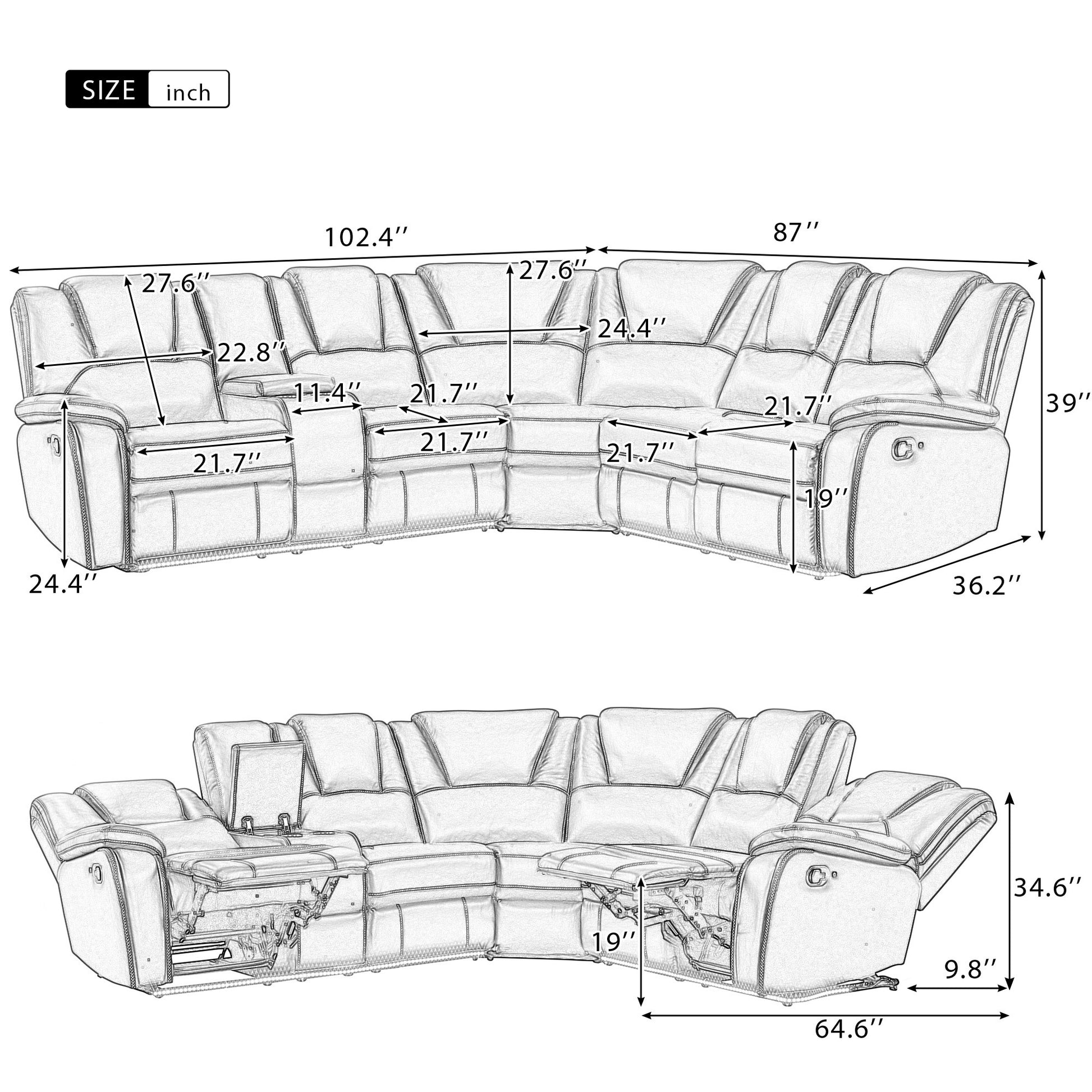 Modern Reclining Sofa, Corner Sectional Couch Recliner, Black