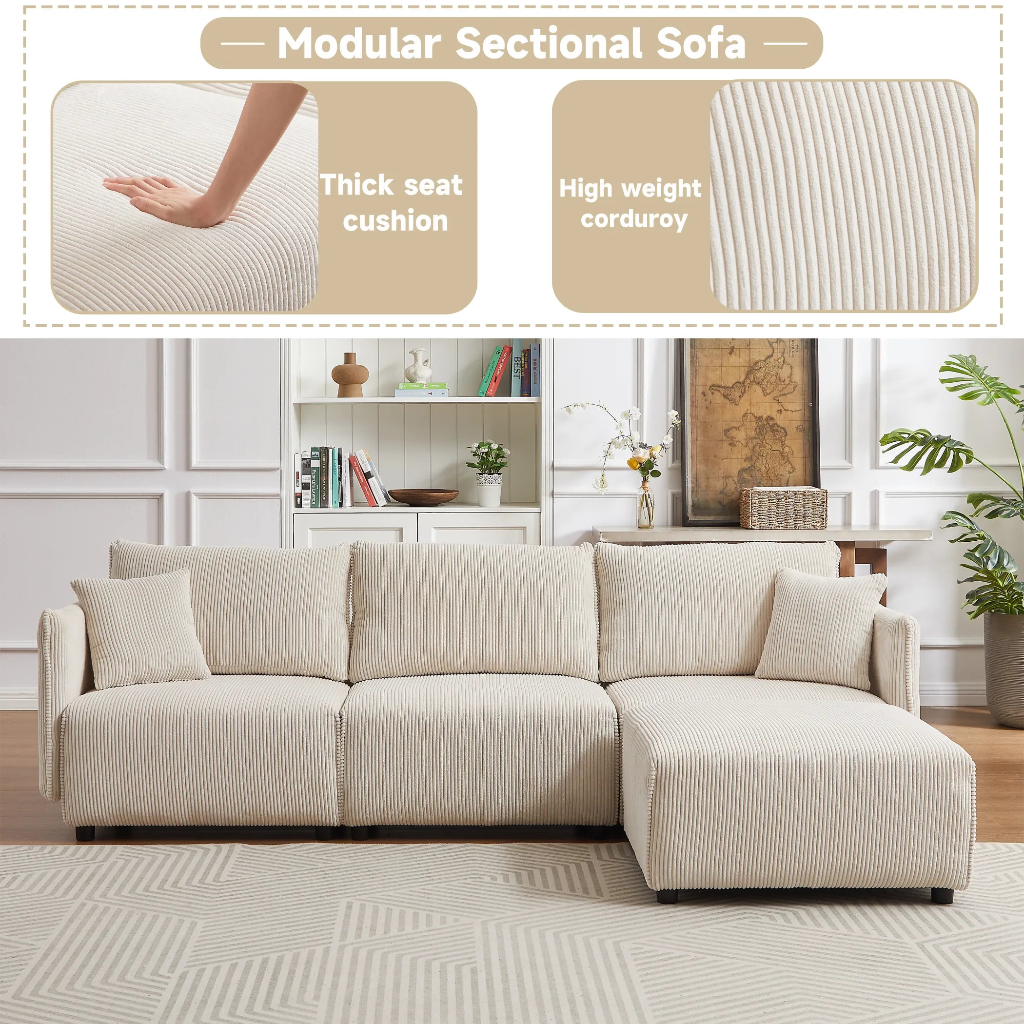 Modular U Shaped Sectional Sofa, Corduroy Couch with Ottoman - Beige