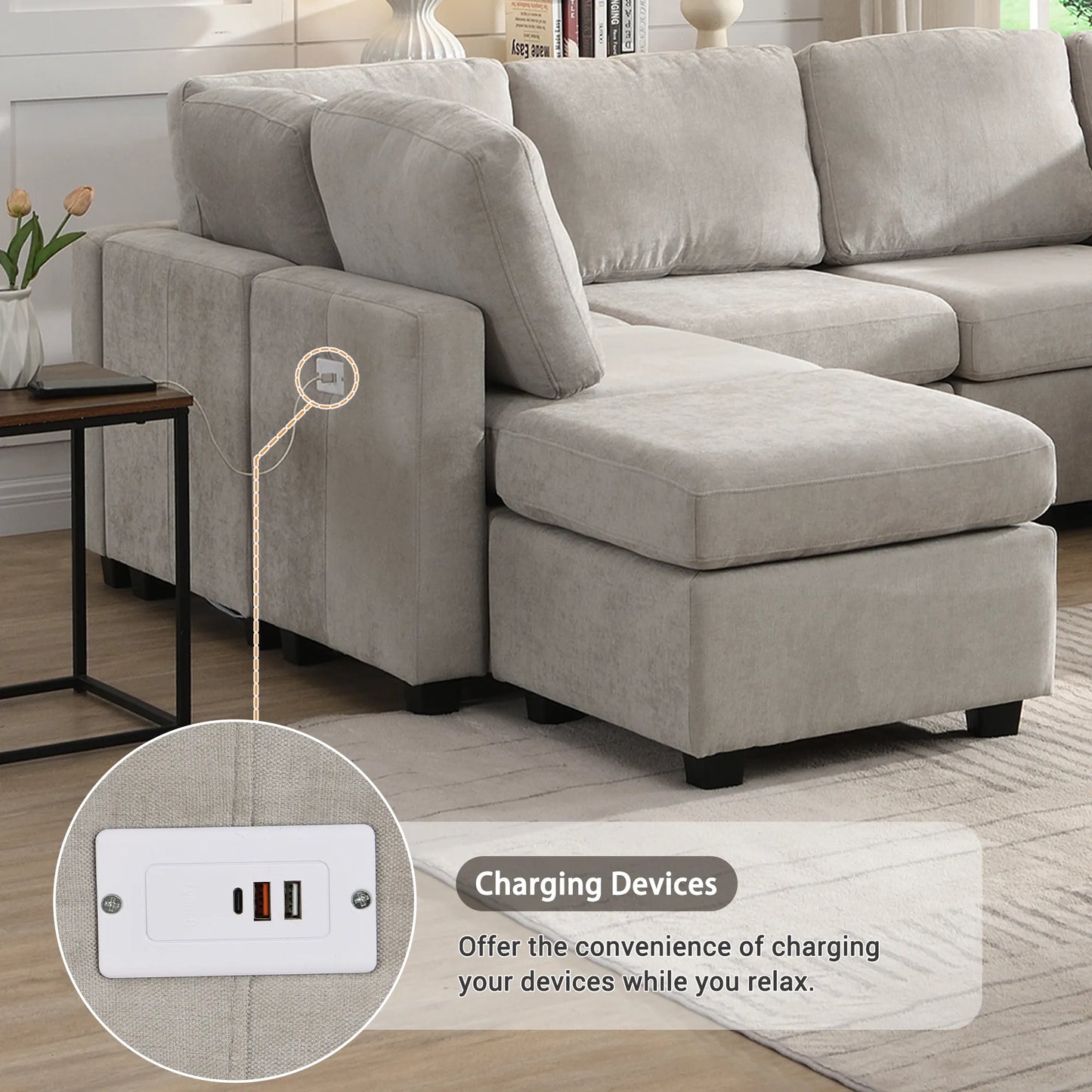 U Shaped Couch, Chenille Sectional Sofa with Ottoman, Grey