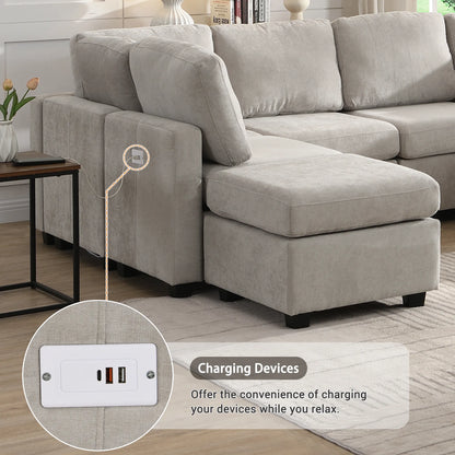 U Shaped Couch, Chenille Sectional Sofa with Ottoman, Grey