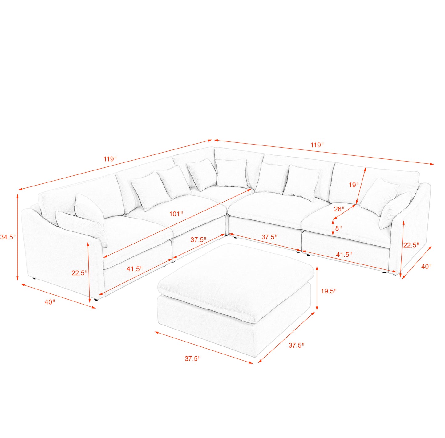 Sofa L Shape, Corner Sectional Couch with Ottoman, Beige
