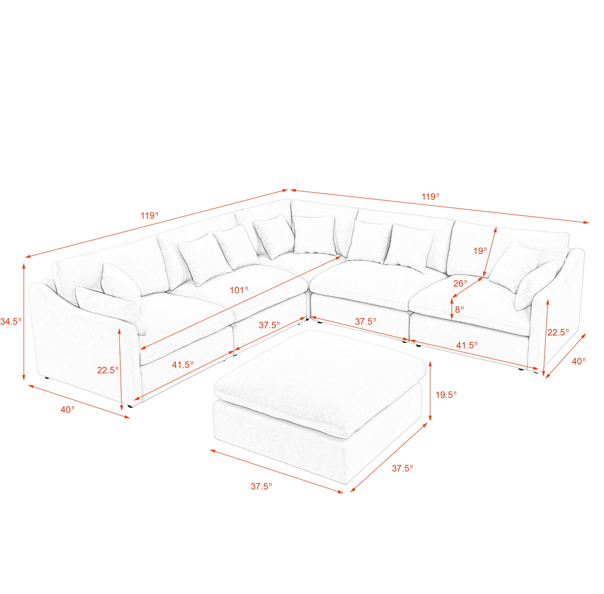 Sofa L Shape, Corner Sectional Couch with Ottoman, Beige