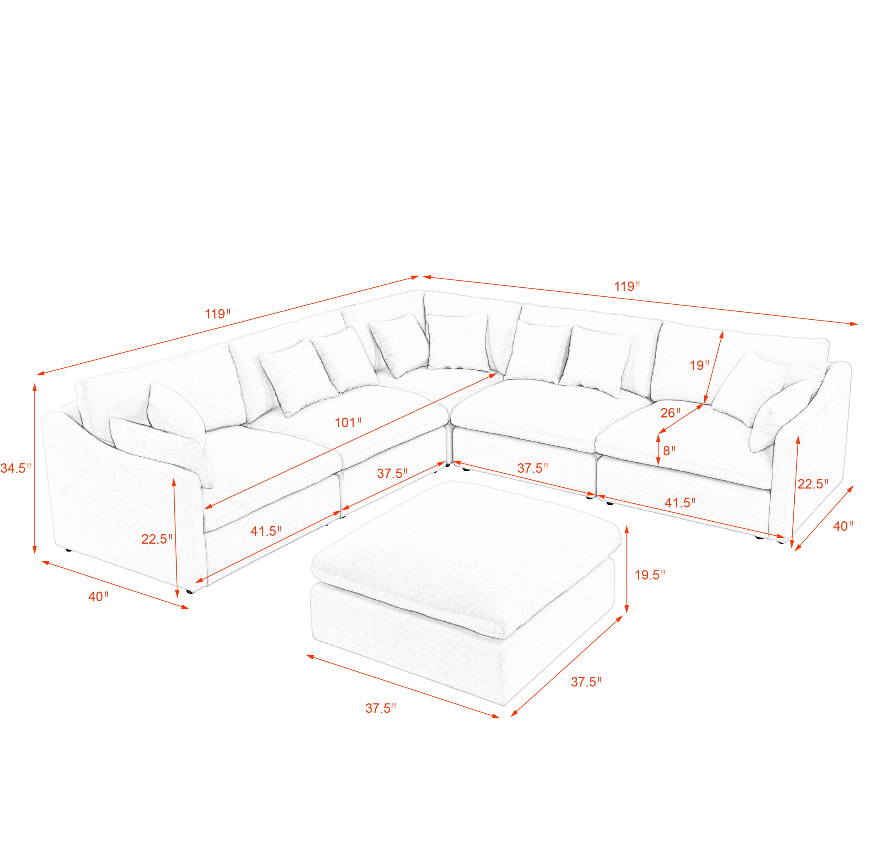 Sofa L Shape, Corner Sectional Couch with Ottoman, Beige