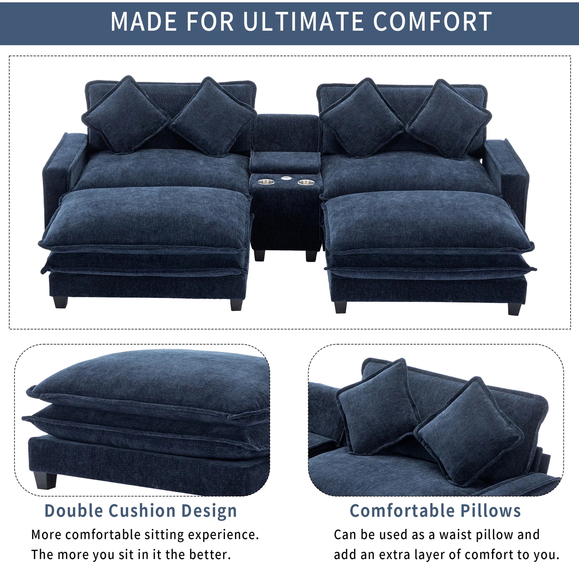 Plush Couch, Deep Seat Couch with Ottomans, Blue
