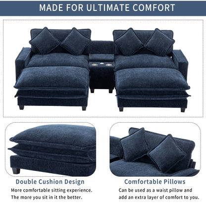 Plush Couch, Deep Seat Couch with Ottomans, Blue