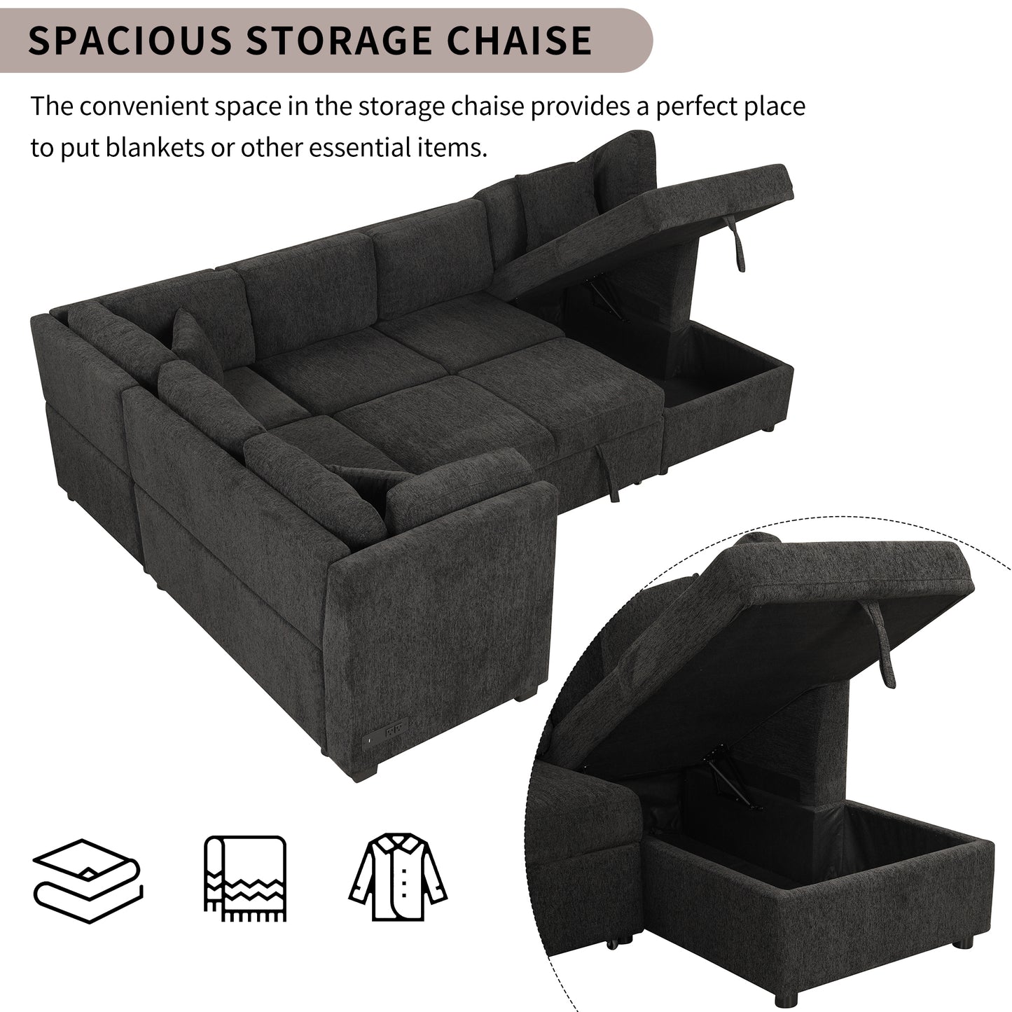 Louie Sectional Sleeper Sofa, Couch with Chaise and Storage - Black
