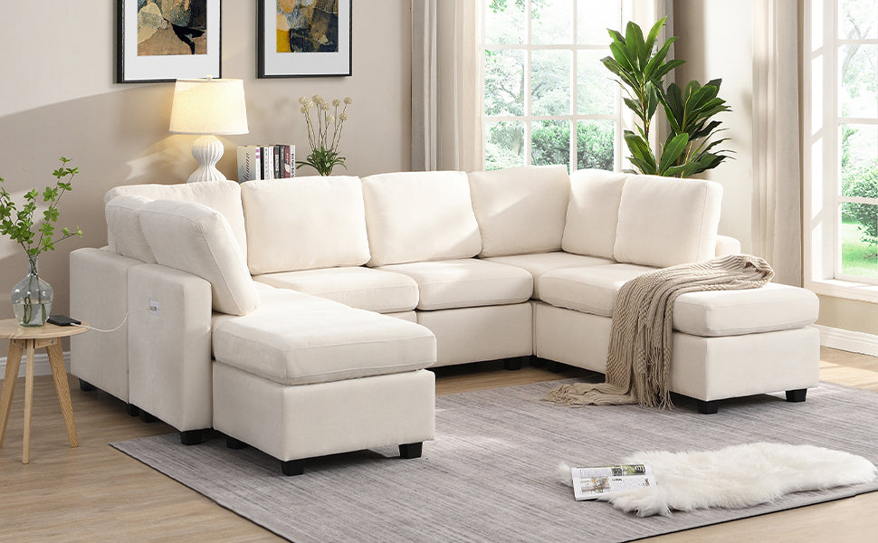 U Shaped Couch, Chenille Sectional Sofa with Ottoman, Beige