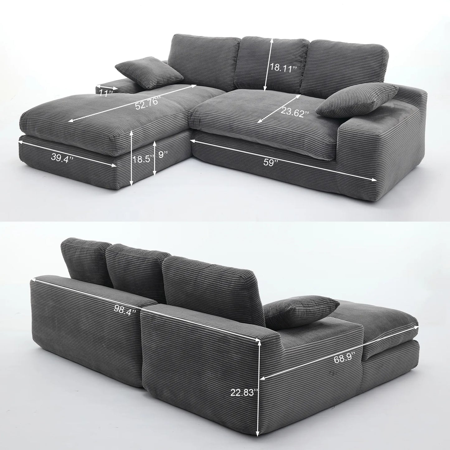 Chaise Lounge Sofa, L Shape Reversible Corduroy Couch Sectional, Grey