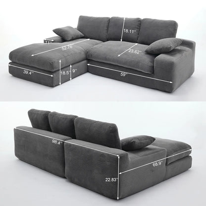 Chaise Lounge Sofa, L Shape Reversible Corduroy Couch Sectional, Grey
