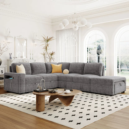 Sleeper Sectional, Sofa L Shape, Couch with Ottoman and Storage, Gray