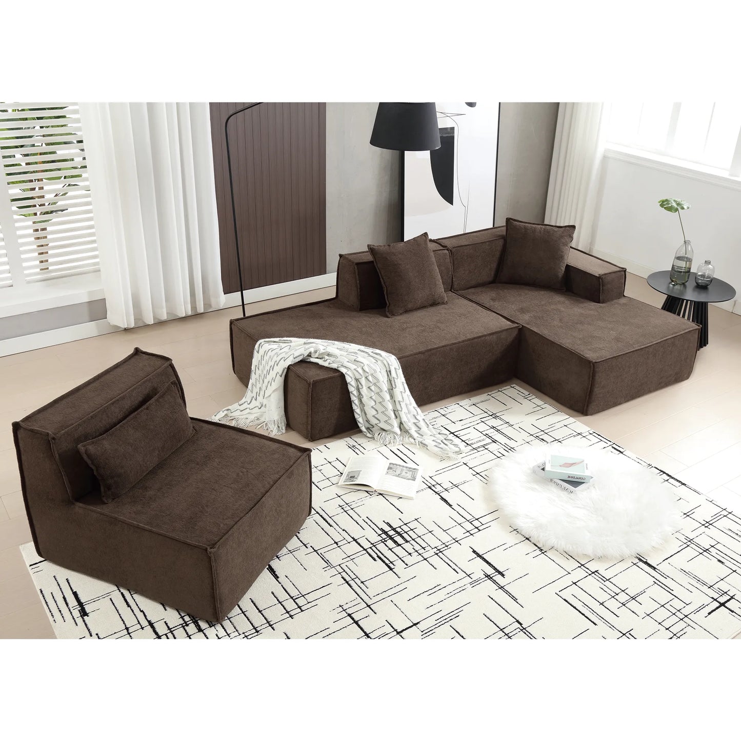Modular Lounge Sofa, L Shaped Sectional with Chaise, Brown