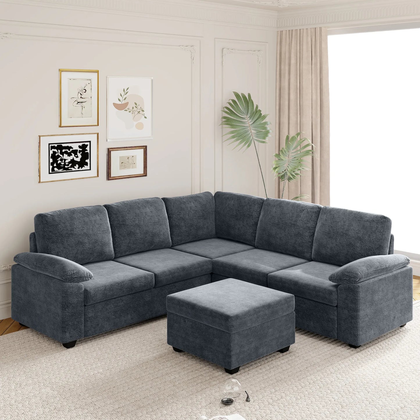 Modern L-Shape Velvet Sectional Sofa, Corner Couch with Ottoman, Grey