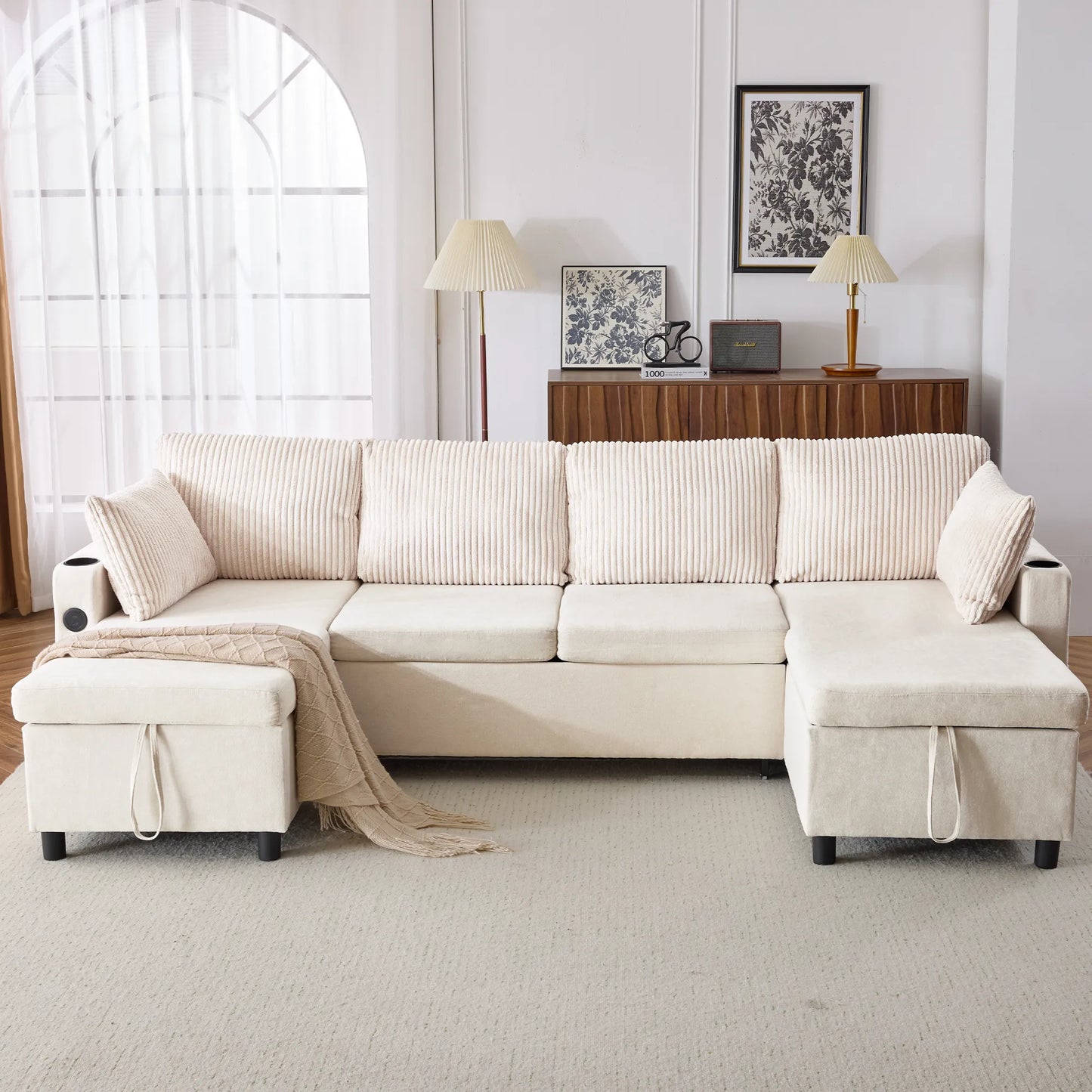 Corduroy Couch with Chaise Sleeper, Sectional Sofa Pull-Out, Beige